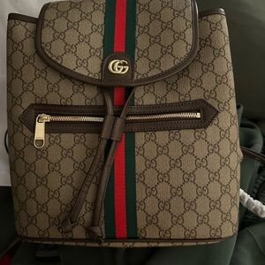 Gucci Beige/Brown GG Canvas Backpack with Green & Red Web Stripe
